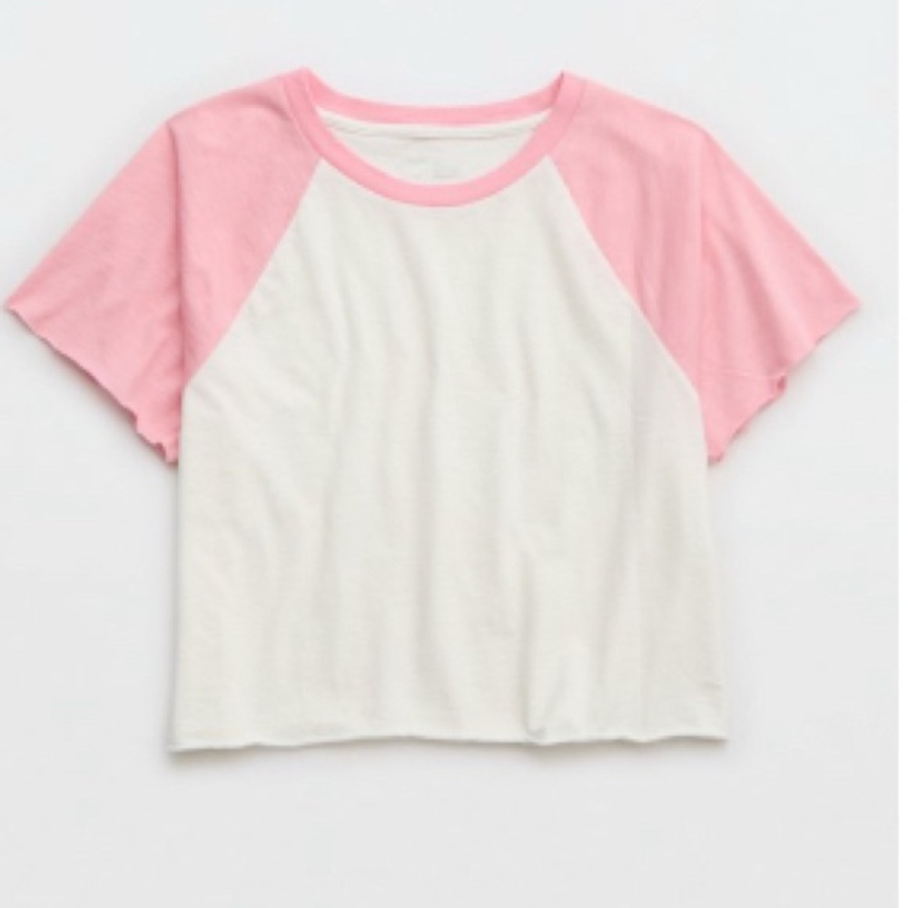 Aerie Pink and White Short Sleeve Cropped Baseball Tee